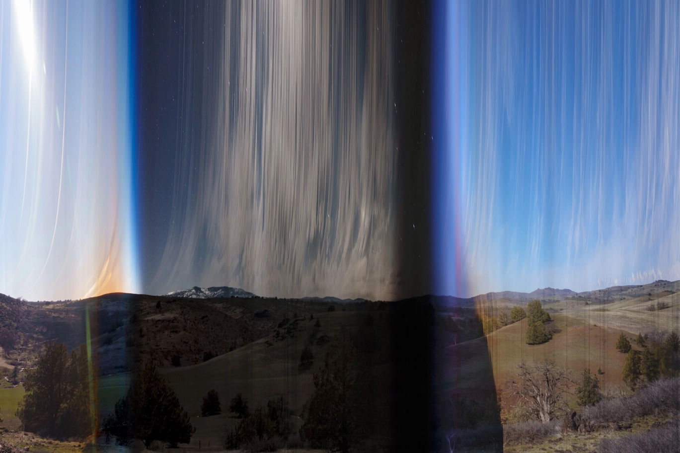 A slit scan photo of some hills over a 24 hour period