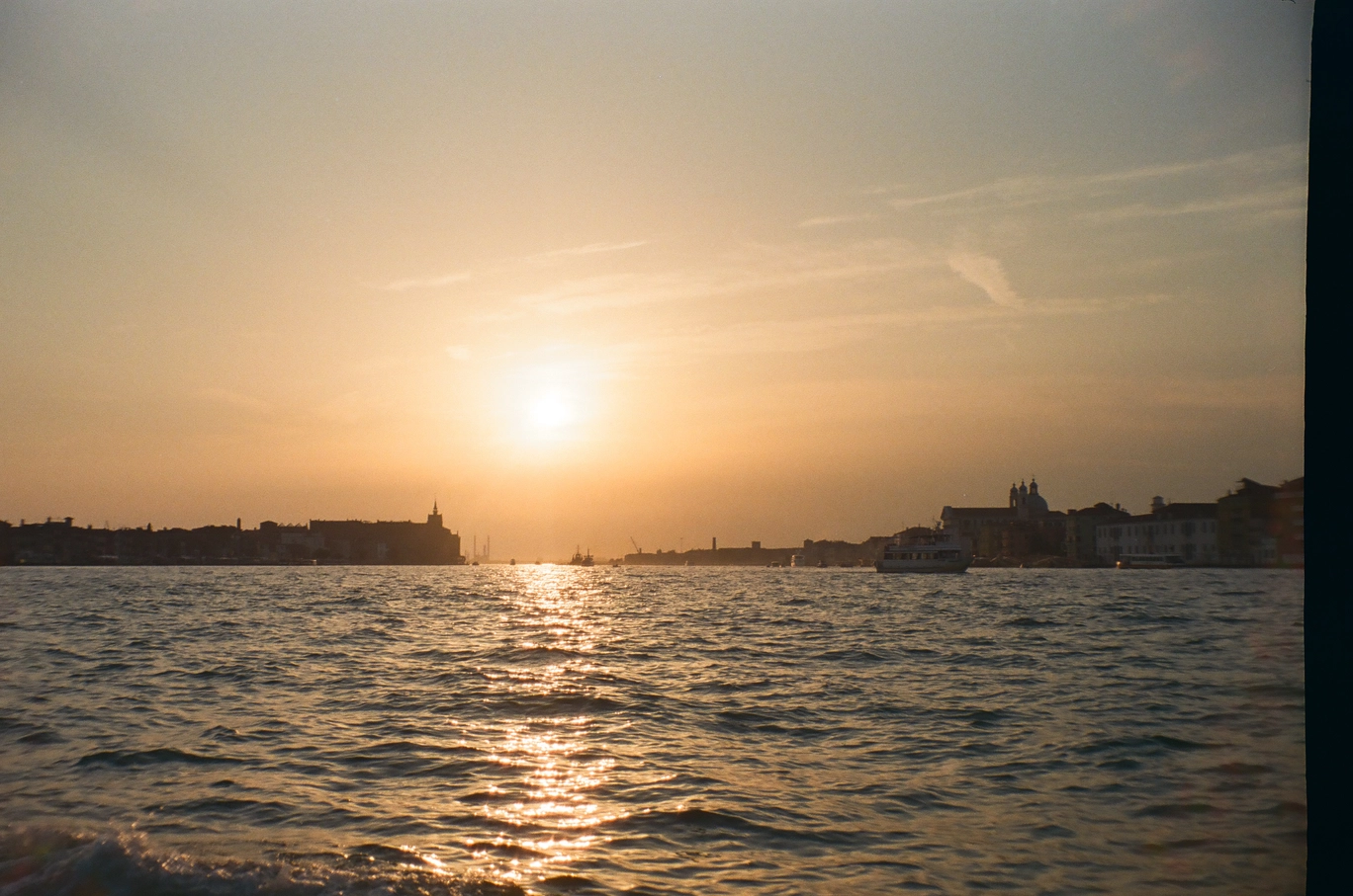 A photo of the sunset from a boat