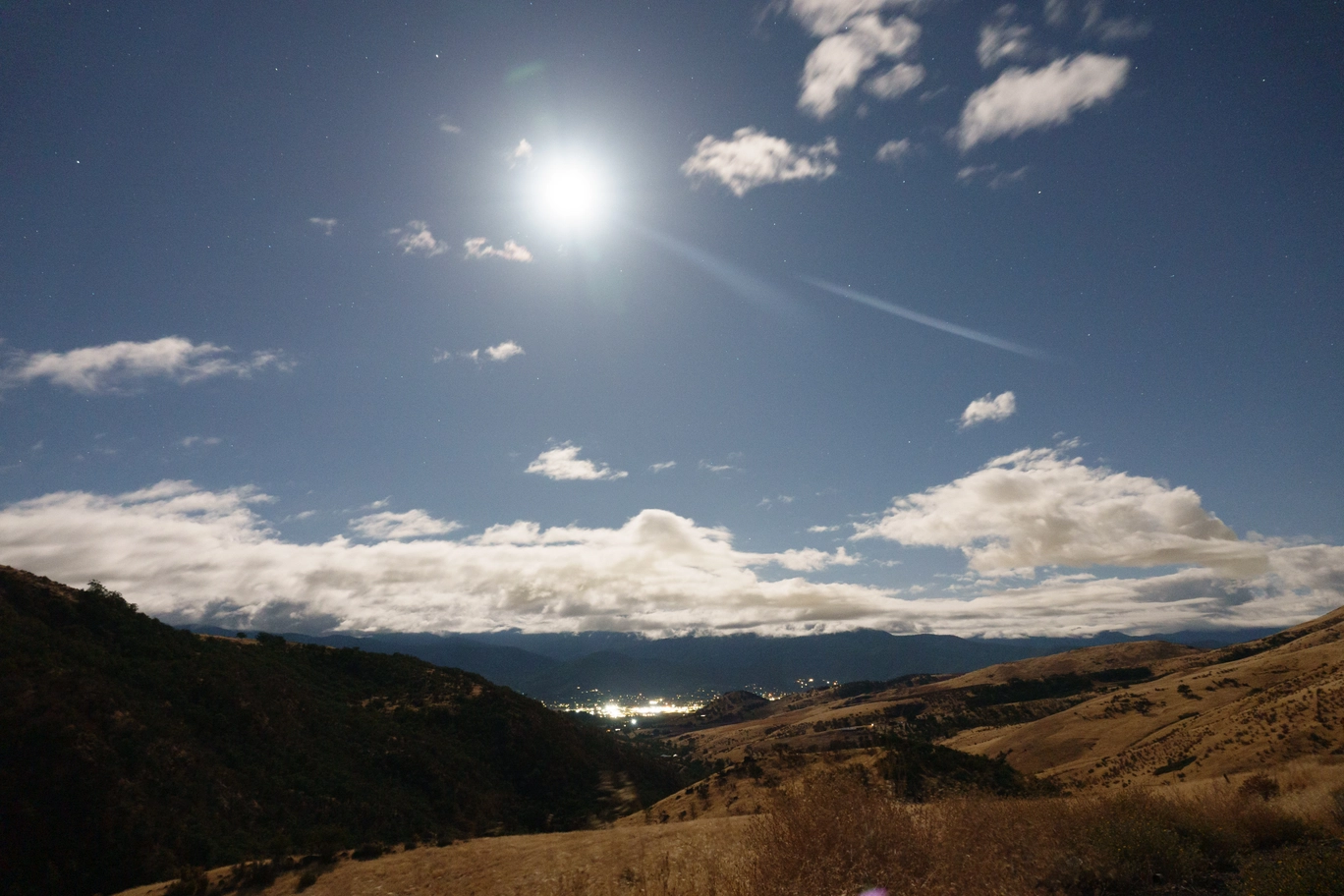 A purposefully overexposed photo of rogue valley during a full moon
