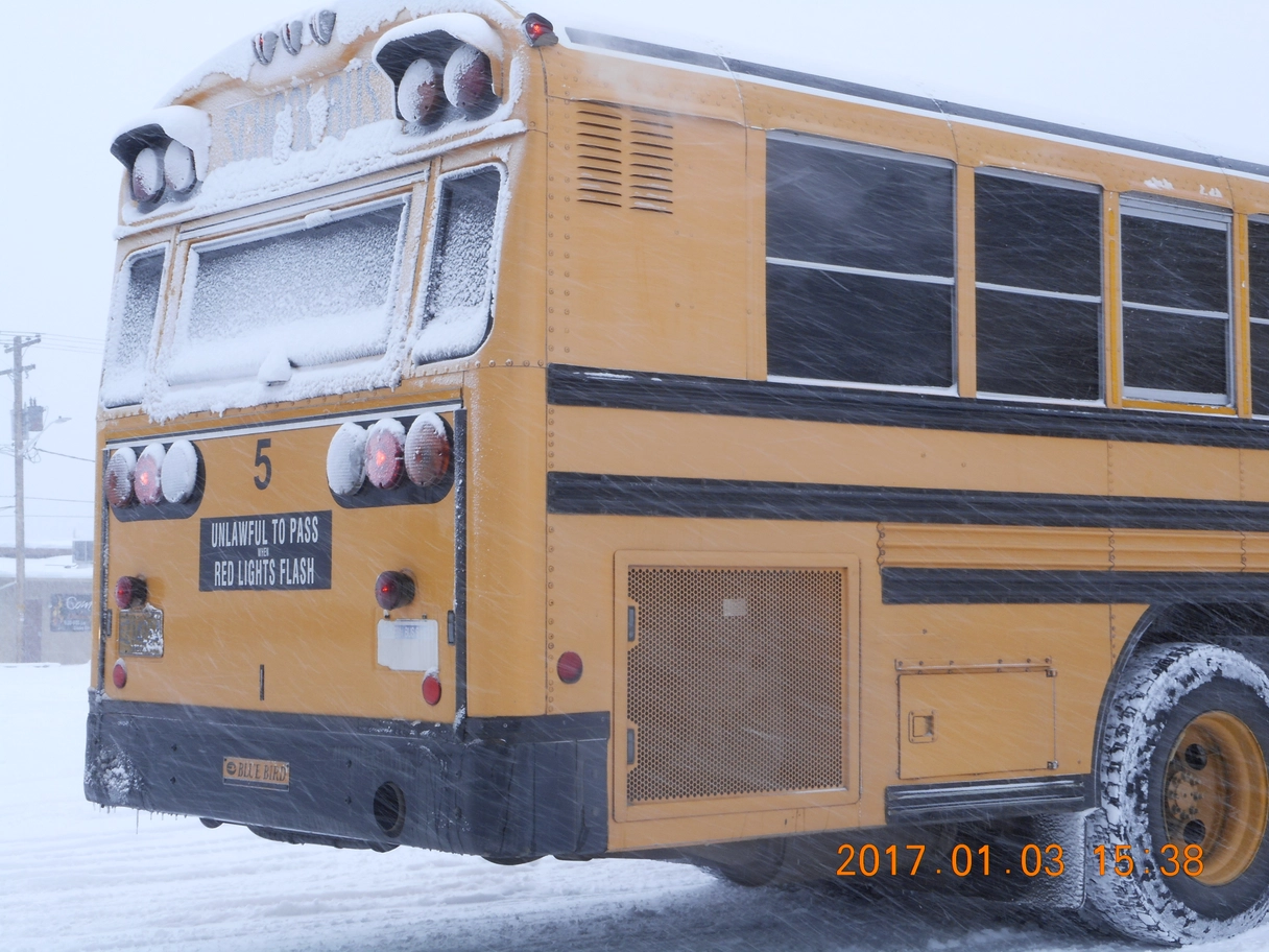 A photo of the back of a school bus on a snowy day
