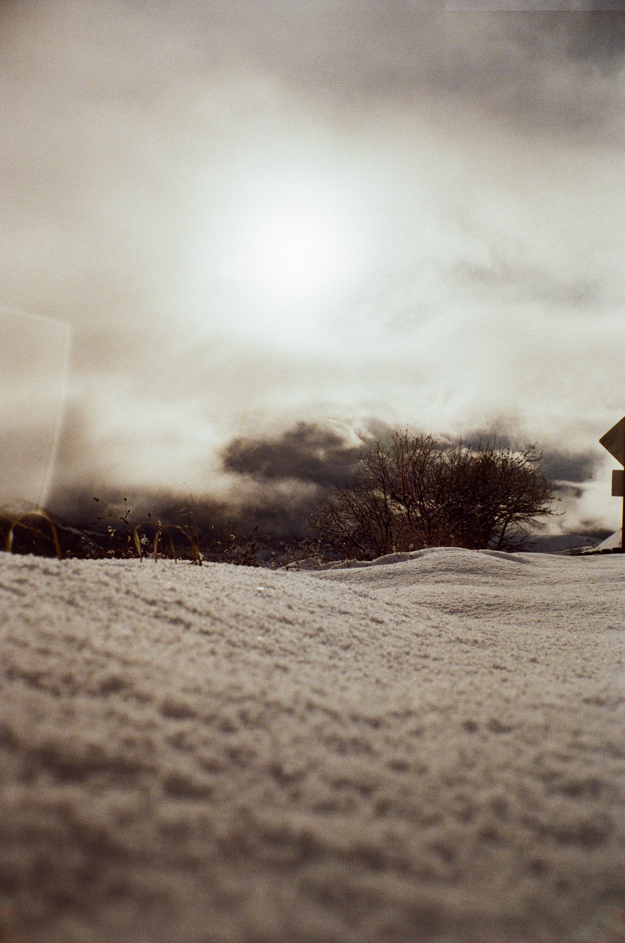 A close-up photo of snow with clouds in the background