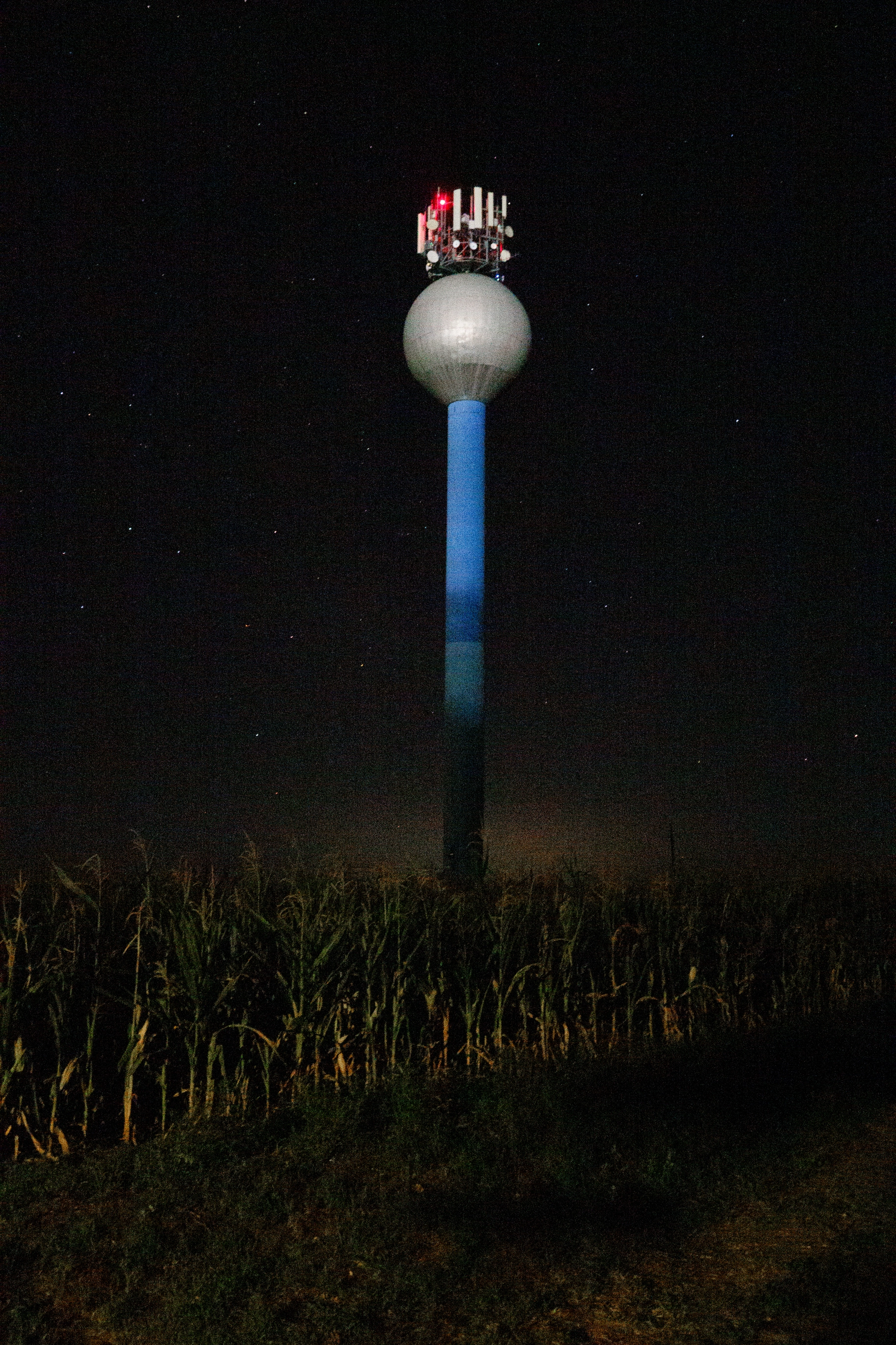 A photo of a tower in a corn field